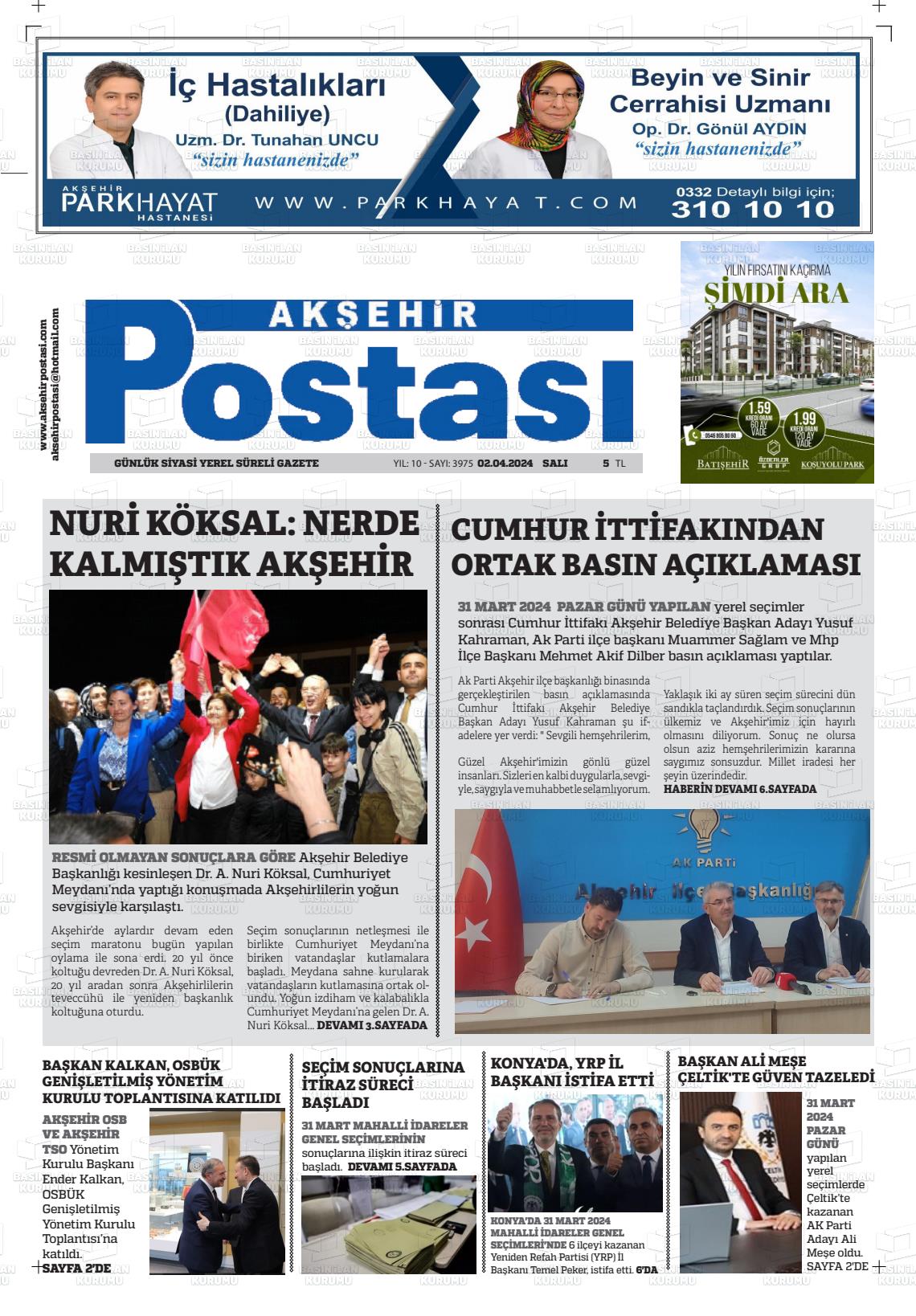 02 Nisan 2024 Akşehir Postasi Gazete Manşeti