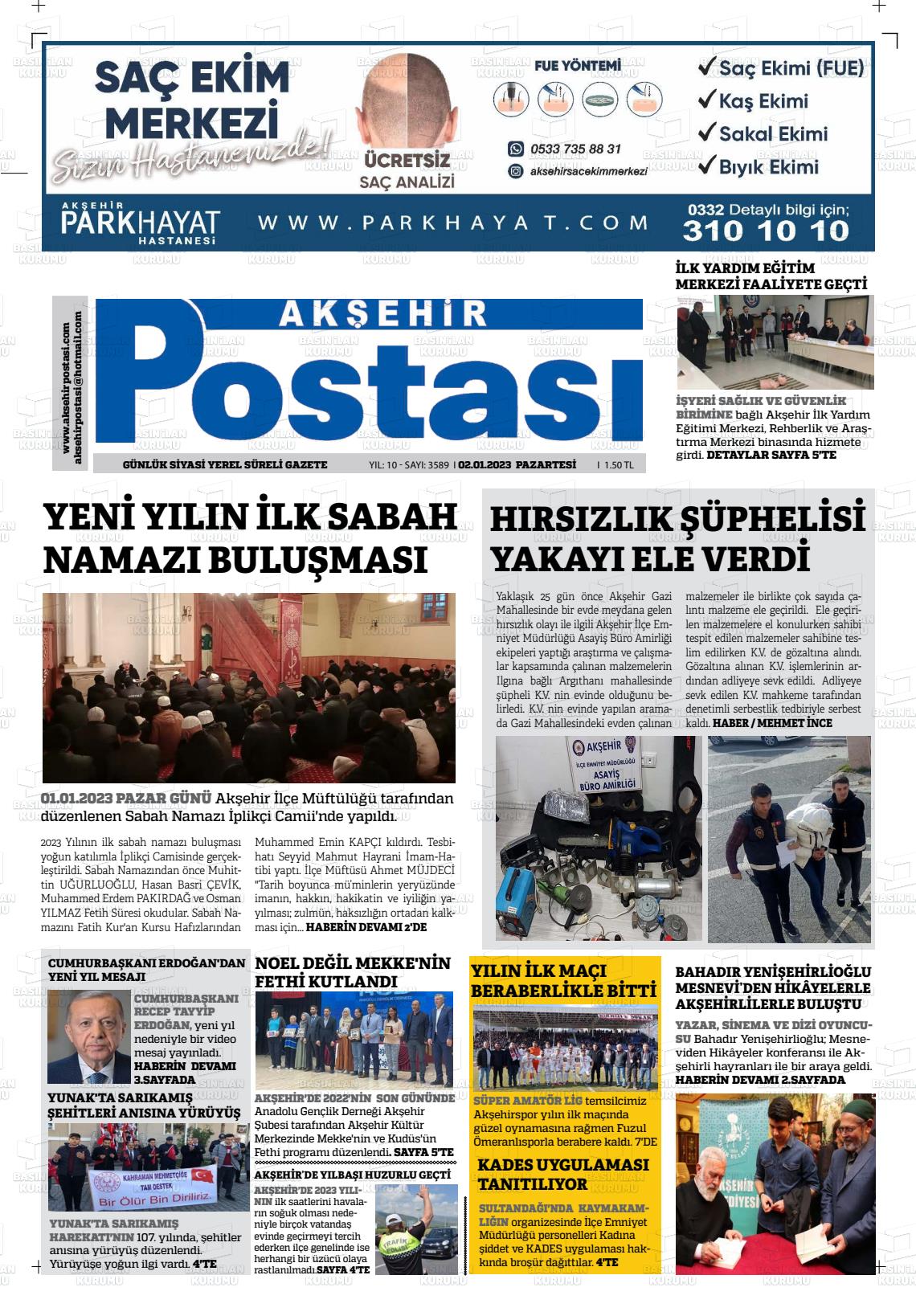 02 Ocak 2023 Akşehir Postasi Gazete Manşeti