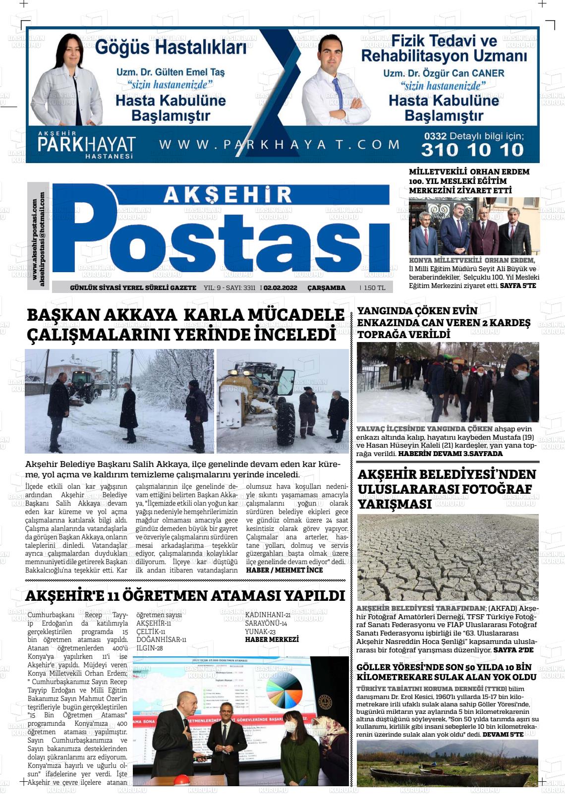 02 Şubat 2022 Akşehir Postasi Gazete Manşeti