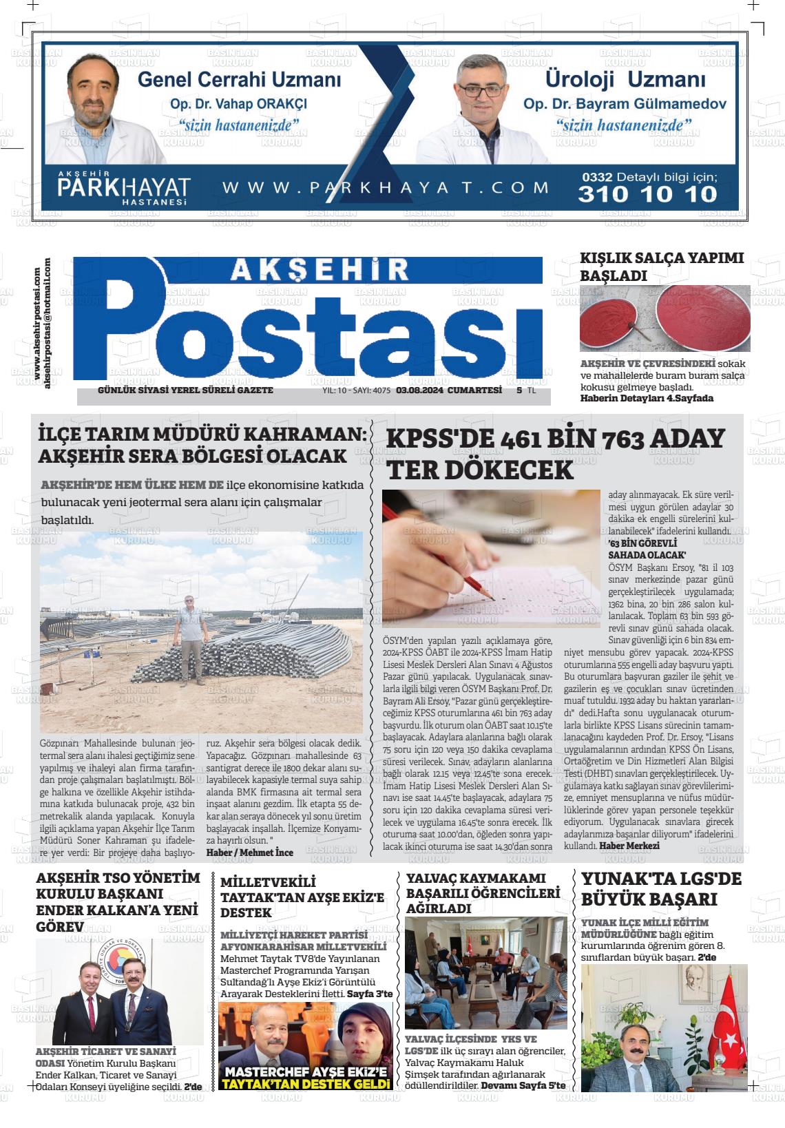 03 Ağustos 2024 Akşehir Postasi Gazete Manşeti