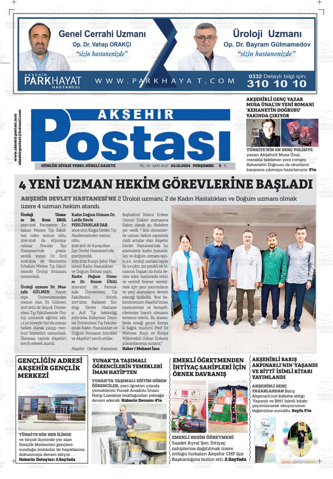 03 Ekim 2024 Akşehir Postasi Gazete Manşeti