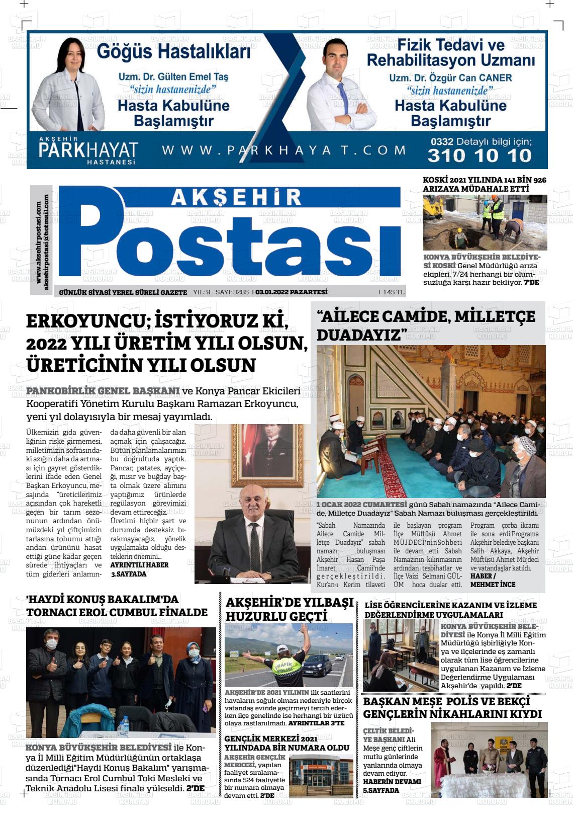 03 Ocak 2022 Akşehir Postasi Gazete Manşeti