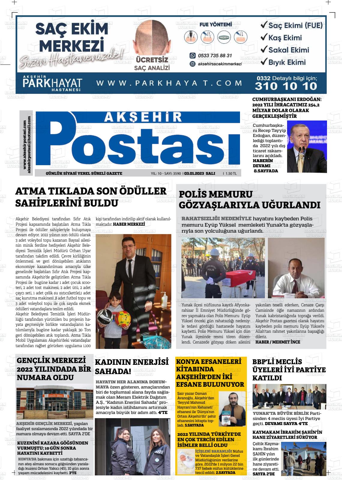 03 Ocak 2023 Akşehir Postasi Gazete Manşeti