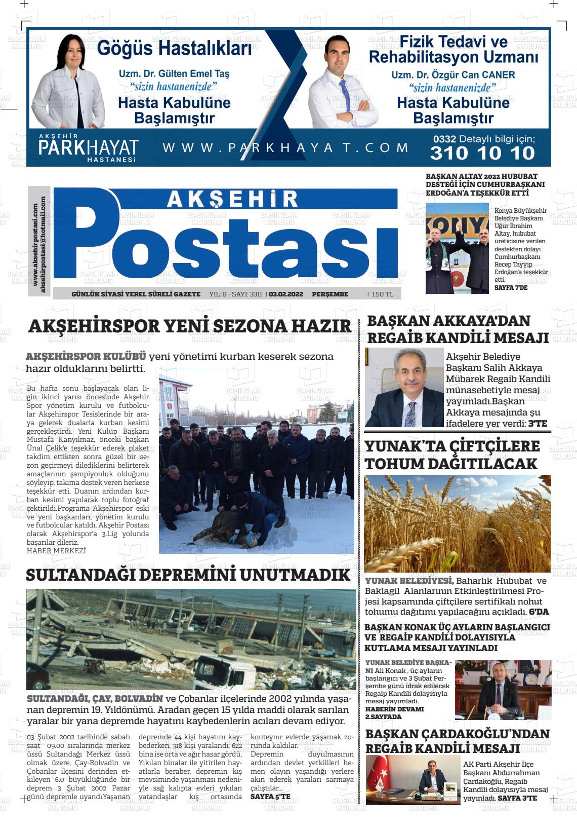 03 Şubat 2022 Akşehir Postasi Gazete Manşeti