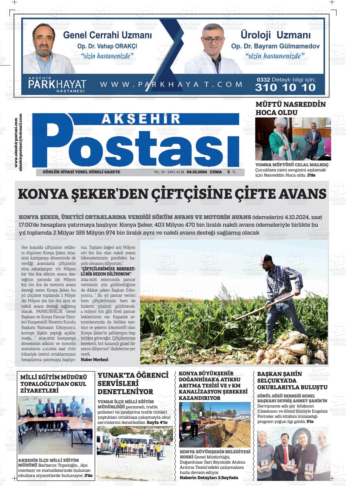 04 Ekim 2024 Akşehir Postasi Gazete Manşeti