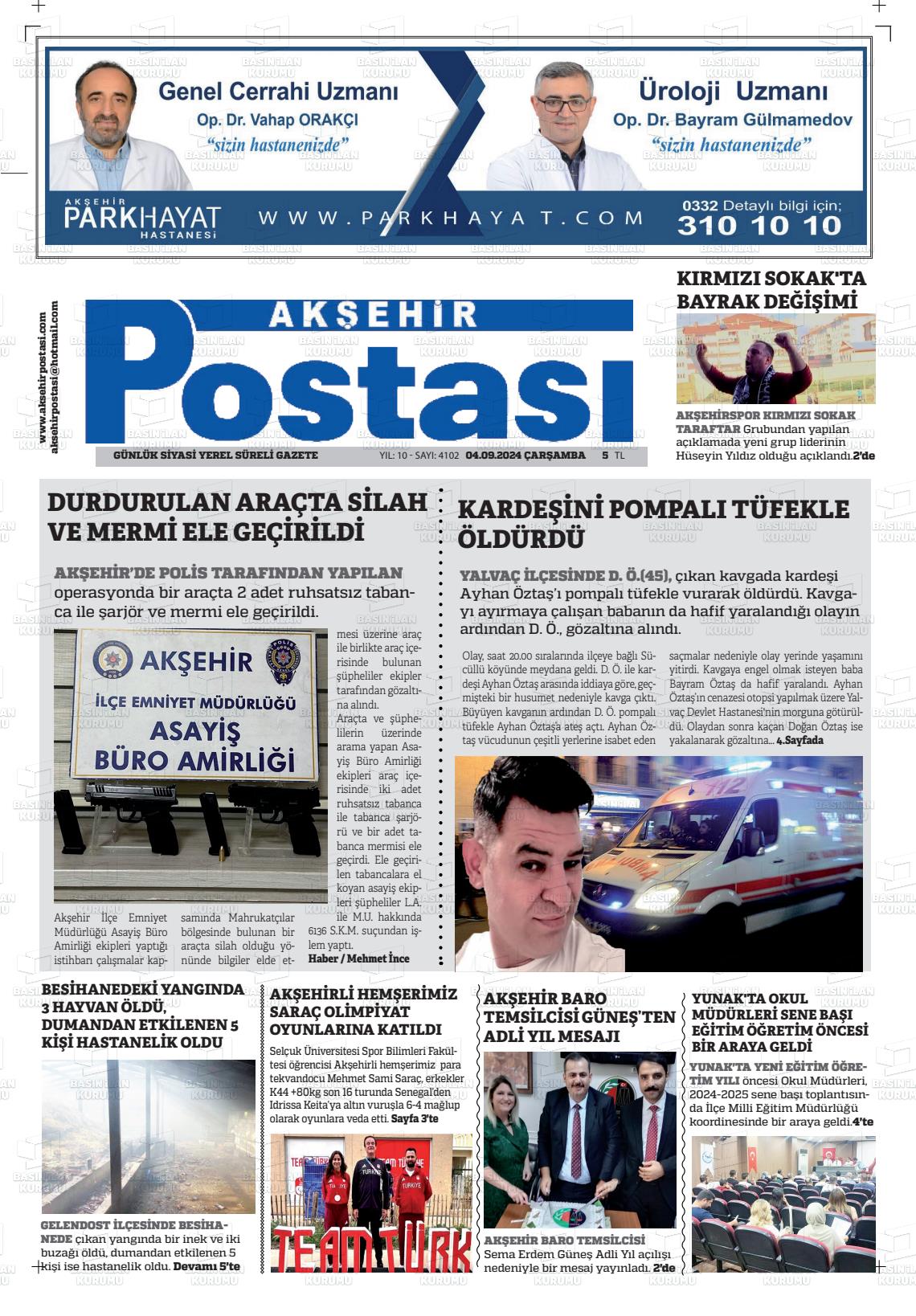 04 Eylül 2024 Akşehir Postasi Gazete Manşeti