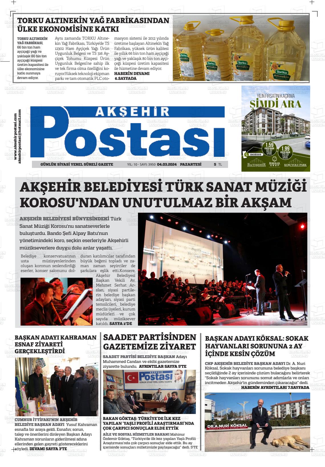 04 Mart 2024 Akşehir Postasi Gazete Manşeti