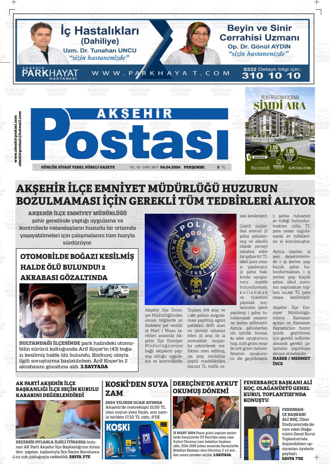 04 Nisan 2024 Akşehir Postasi Gazete Manşeti