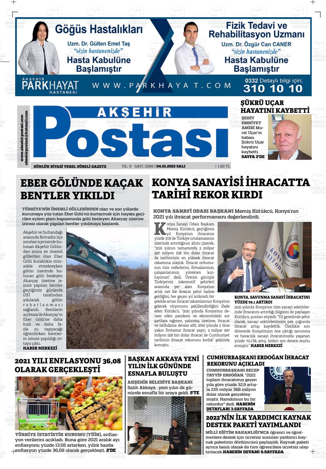 04 Ocak 2022 Akşehir Postasi Gazete Manşeti