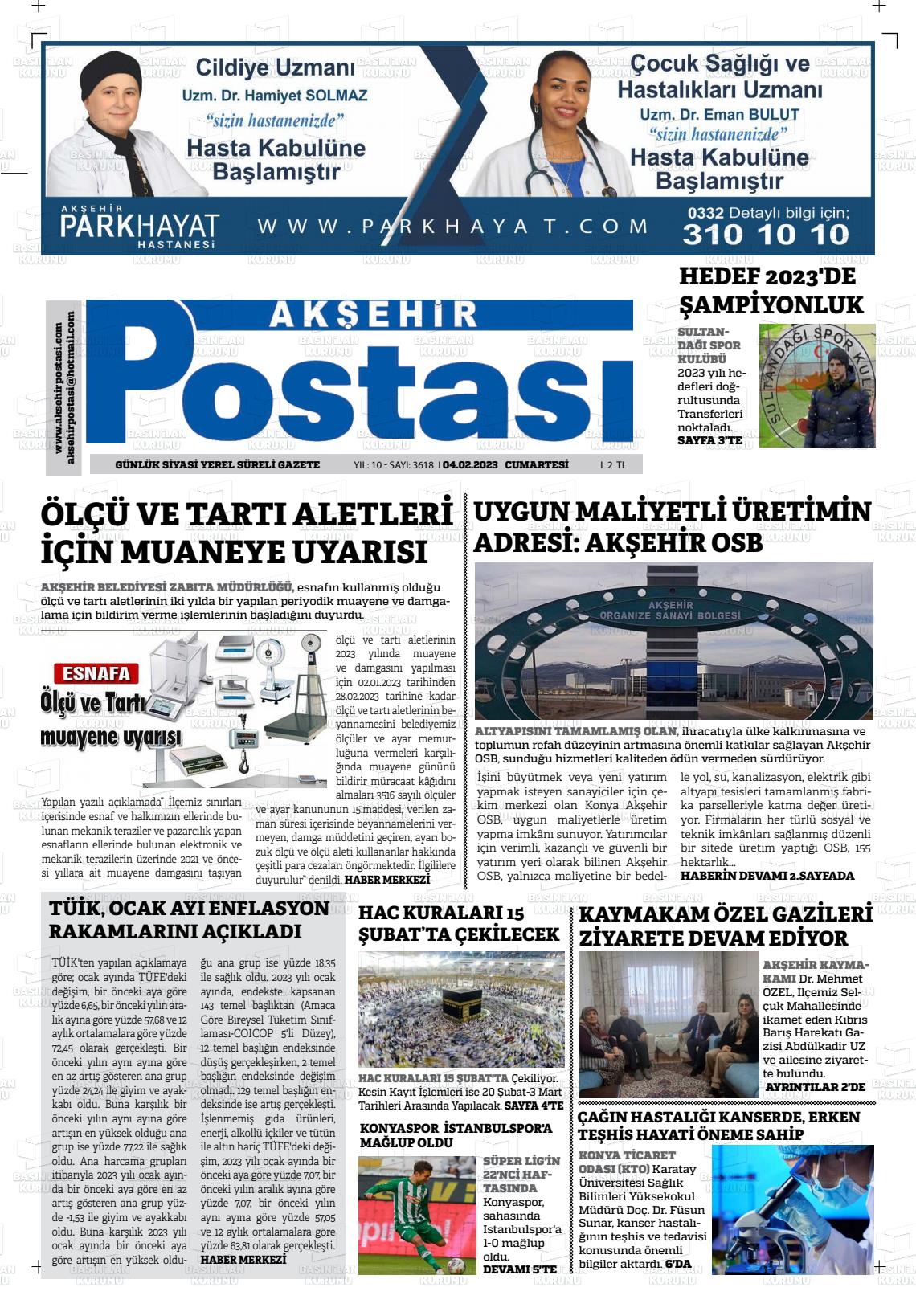 04 Şubat 2023 Akşehir Postasi Gazete Manşeti