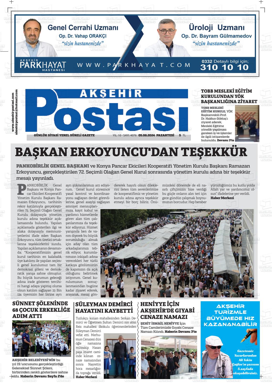 05 Ağustos 2024 Akşehir Postasi Gazete Manşeti