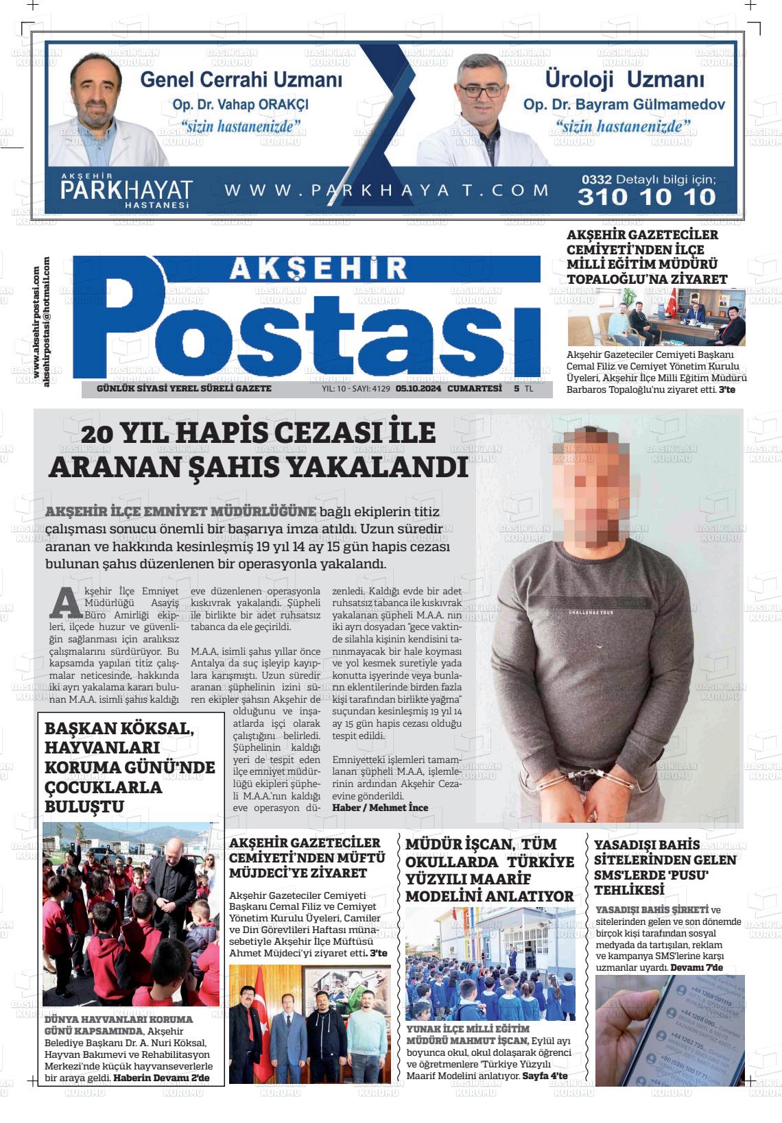 05 Ekim 2024 Akşehir Postasi Gazete Manşeti