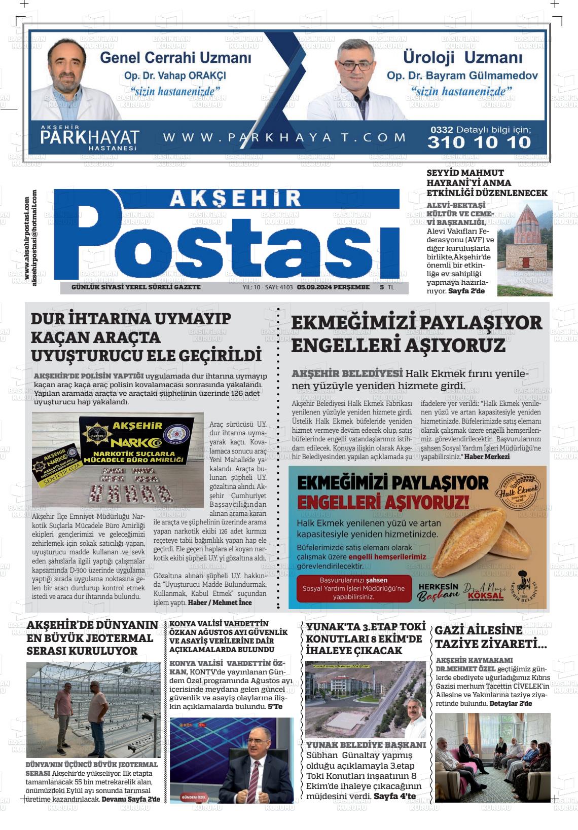 05 Eylül 2024 Akşehir Postasi Gazete Manşeti