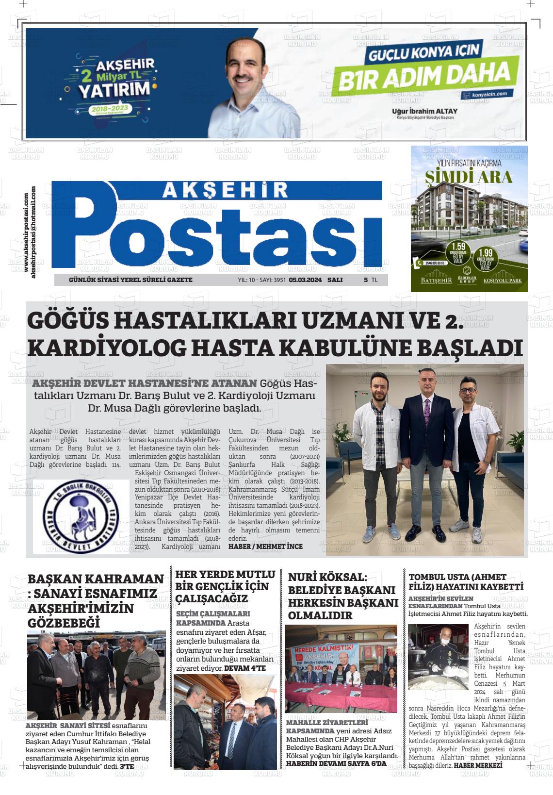 05 Mart 2024 Akşehir Postasi Gazete Manşeti