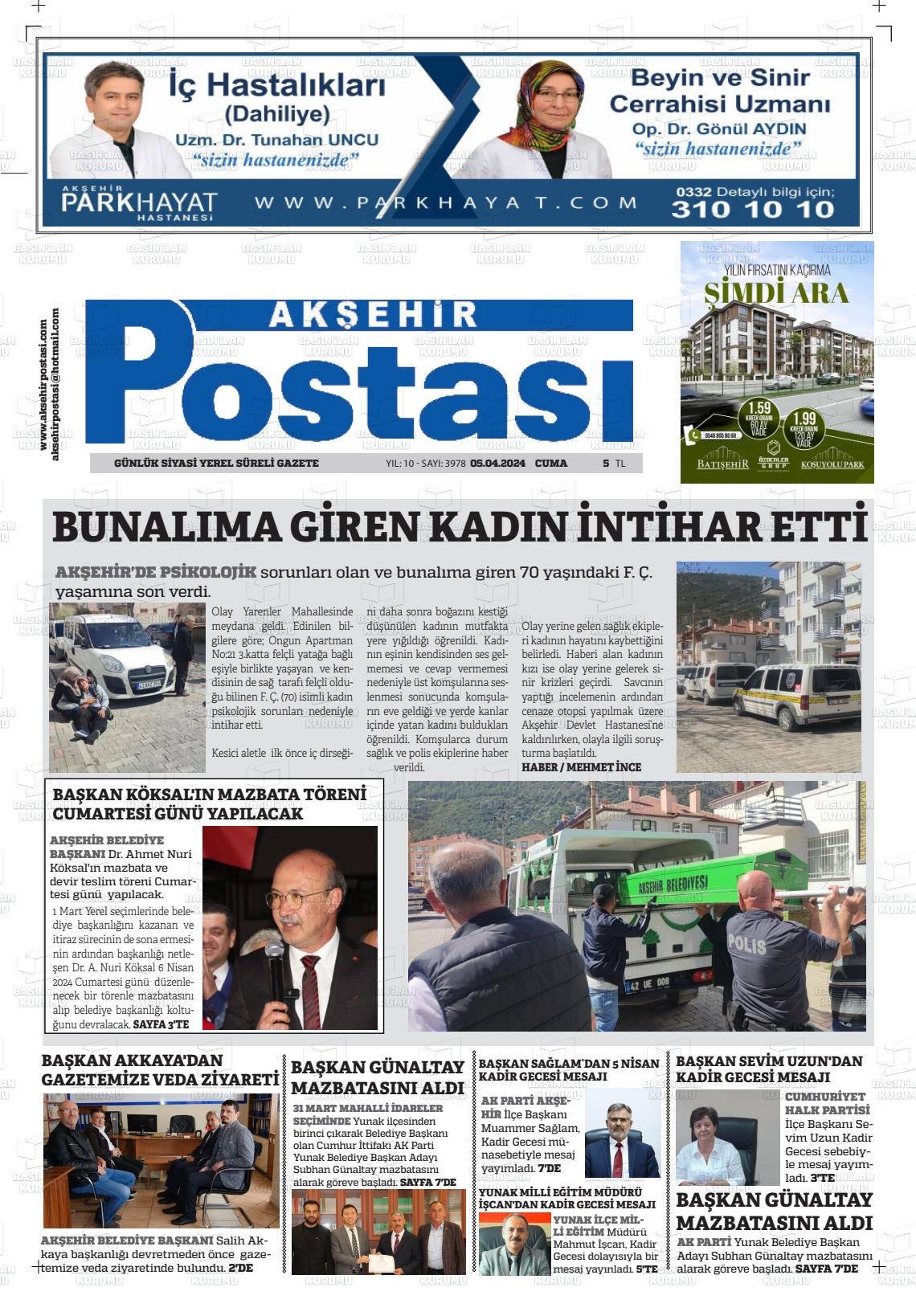 05 Nisan 2024 Akşehir Postasi Gazete Manşeti