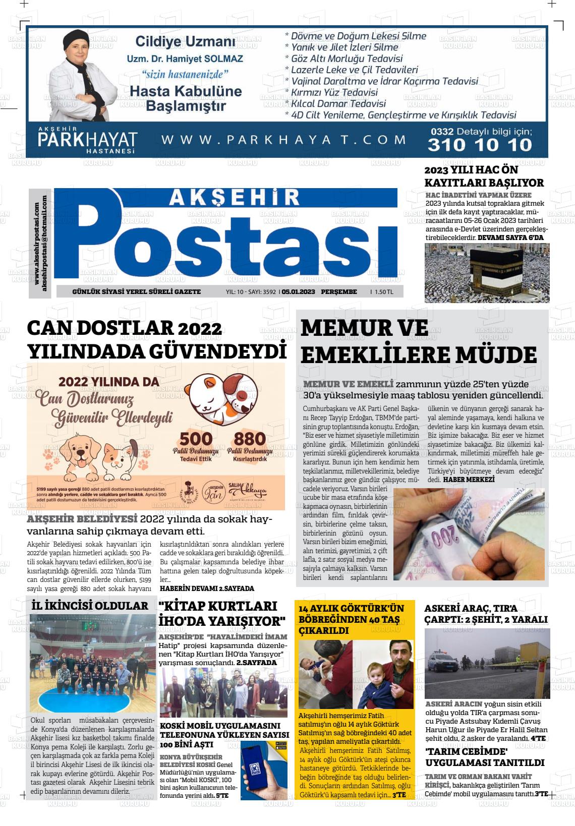 05 Ocak 2023 Akşehir Postasi Gazete Manşeti