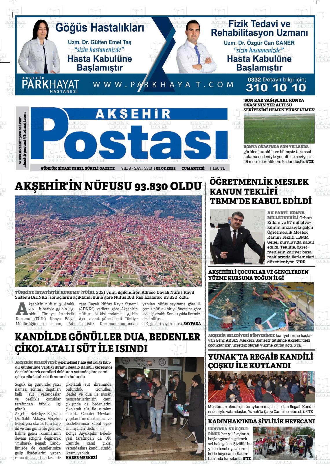 05 Nisan 2022 Akşehir Postasi Gazete Manşeti