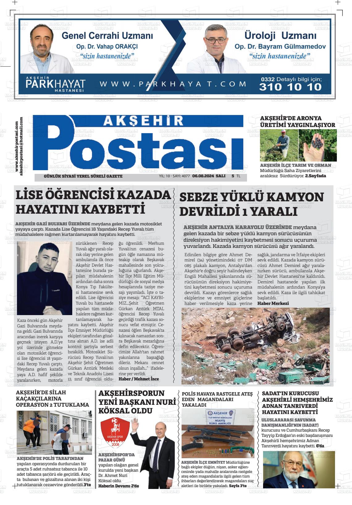 06 Ağustos 2024 Akşehir Postasi Gazete Manşeti