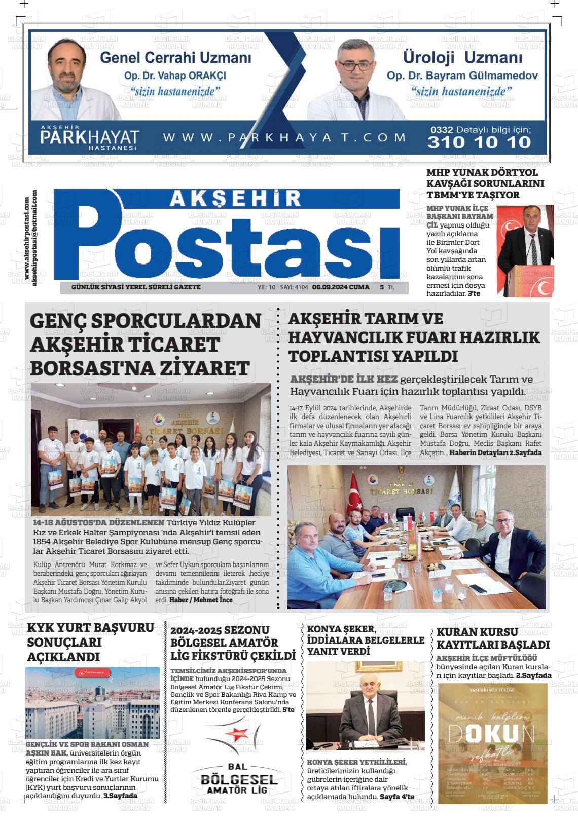 06 Eylül 2024 Akşehir Postasi Gazete Manşeti