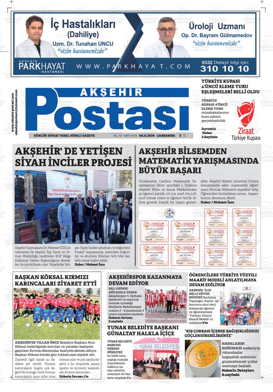 06 Kasım 2024 Akşehir Postasi Gazete Manşeti