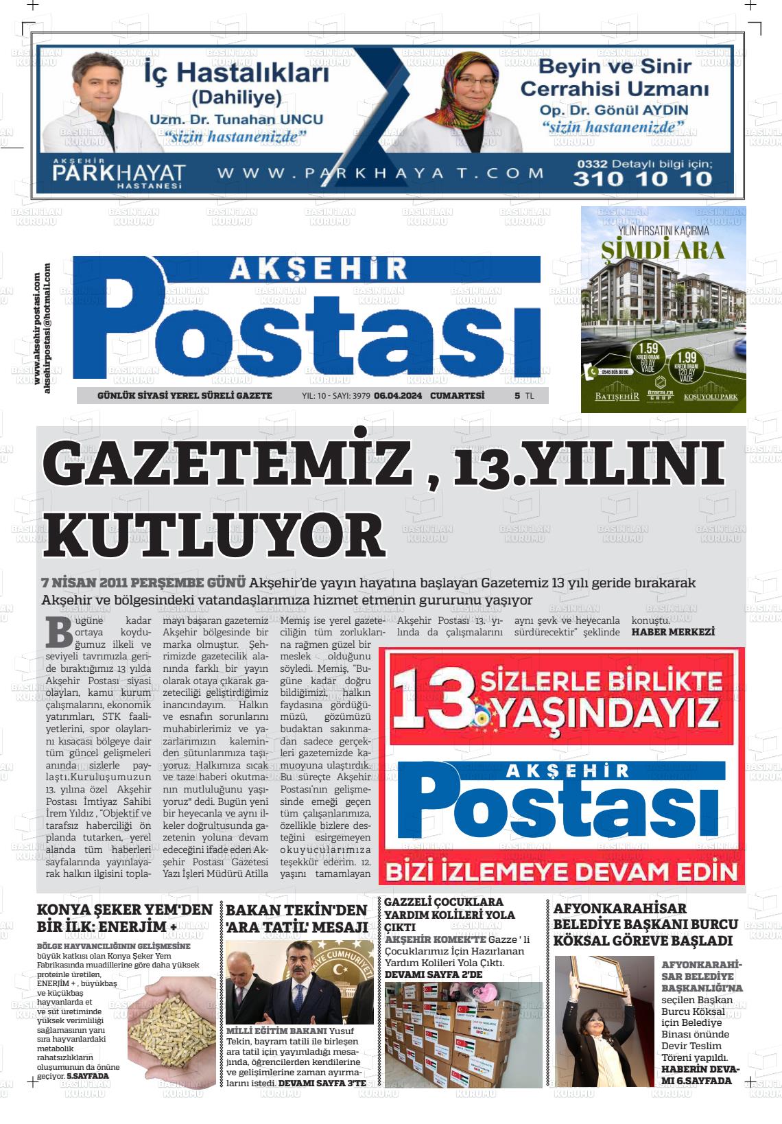 06 Nisan 2024 Akşehir Postasi Gazete Manşeti