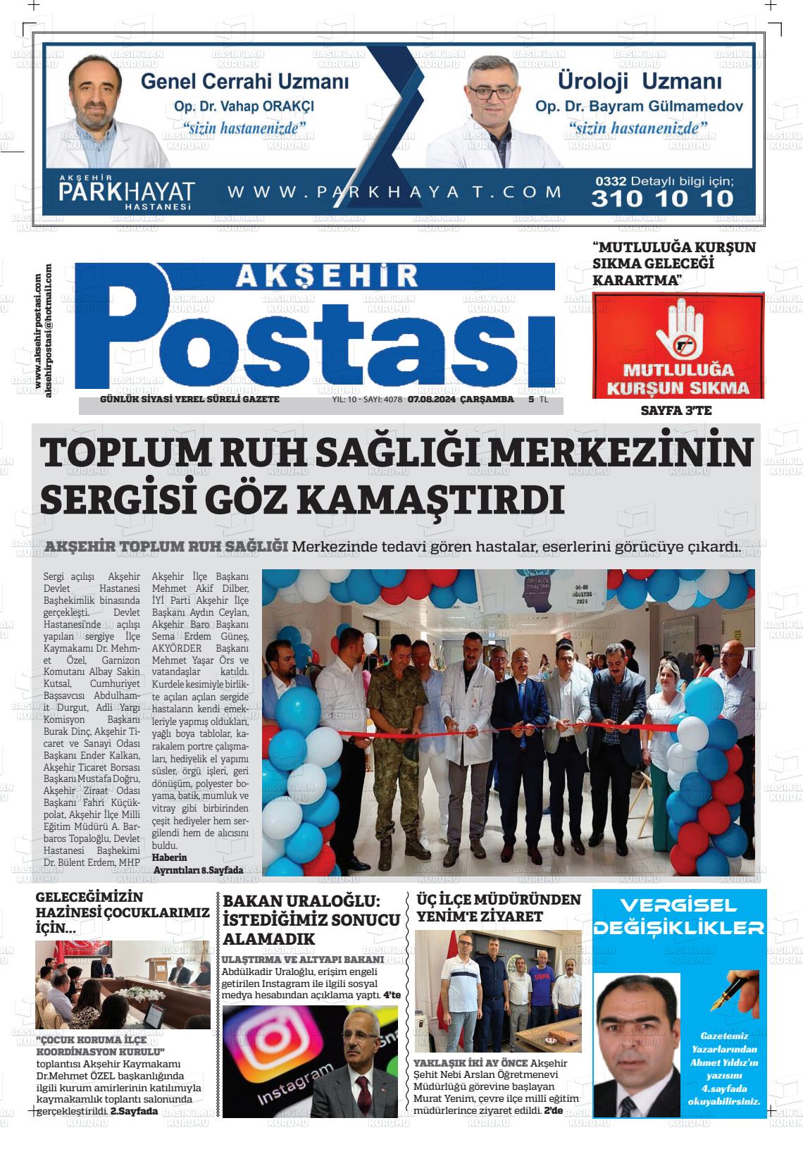 07 Ağustos 2024 Akşehir Postasi Gazete Manşeti