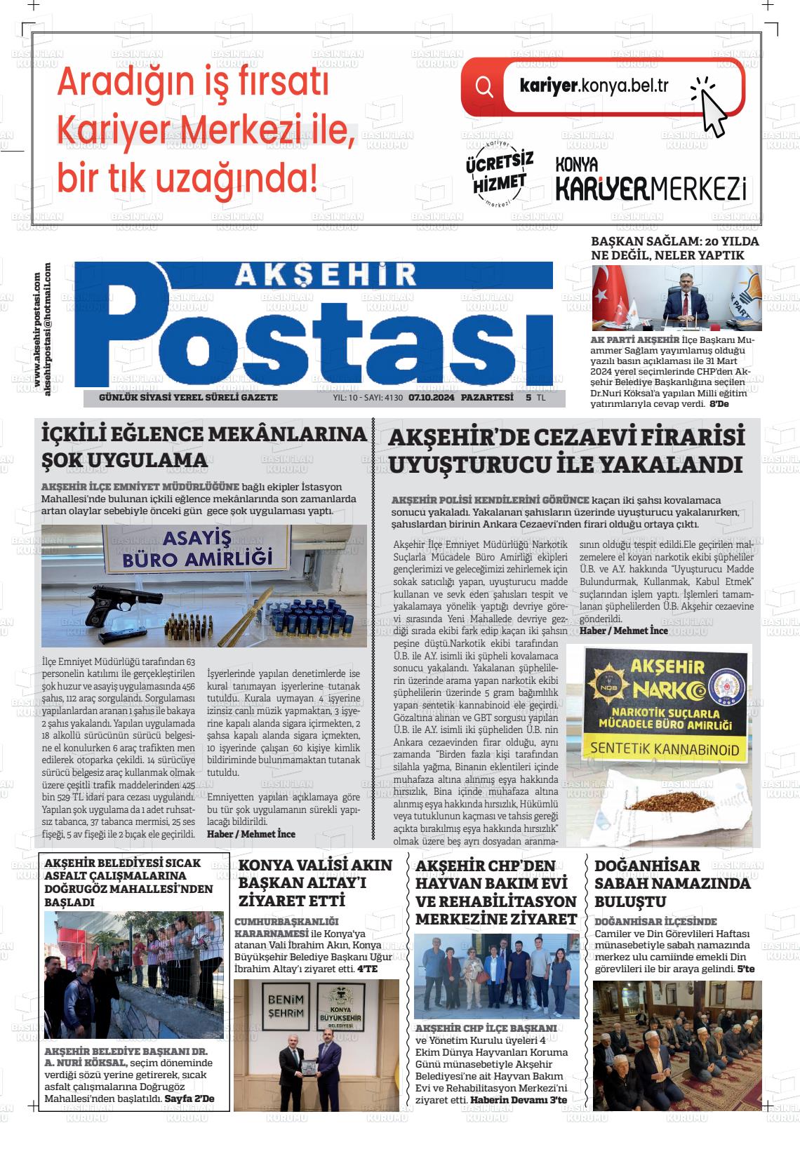 07 Ekim 2024 Akşehir Postasi Gazete Manşeti