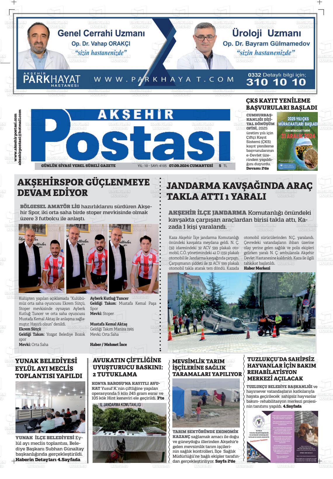 07 Eylül 2024 Akşehir Postasi Gazete Manşeti