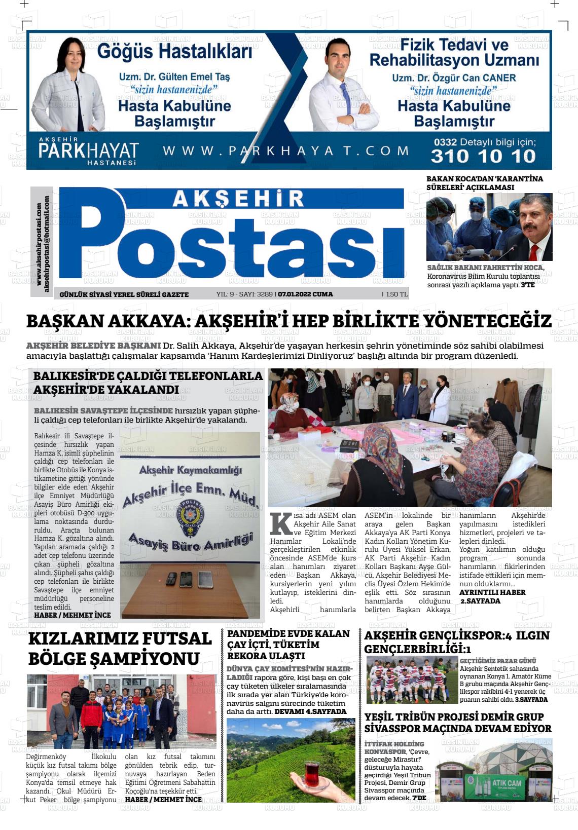 07 Ocak 2022 Akşehir Postasi Gazete Manşeti