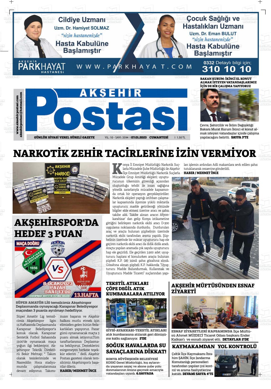 07 Ocak 2023 Akşehir Postasi Gazete Manşeti