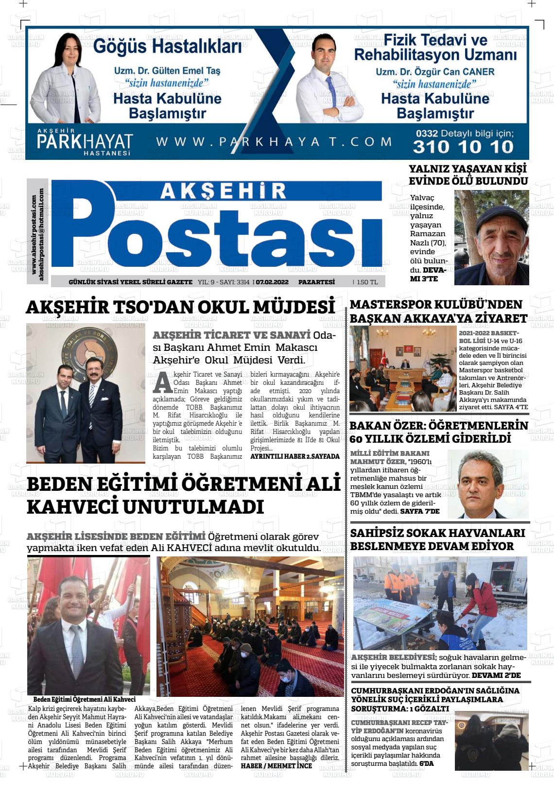 07 Şubat 2022 Akşehir Postasi Gazete Manşeti