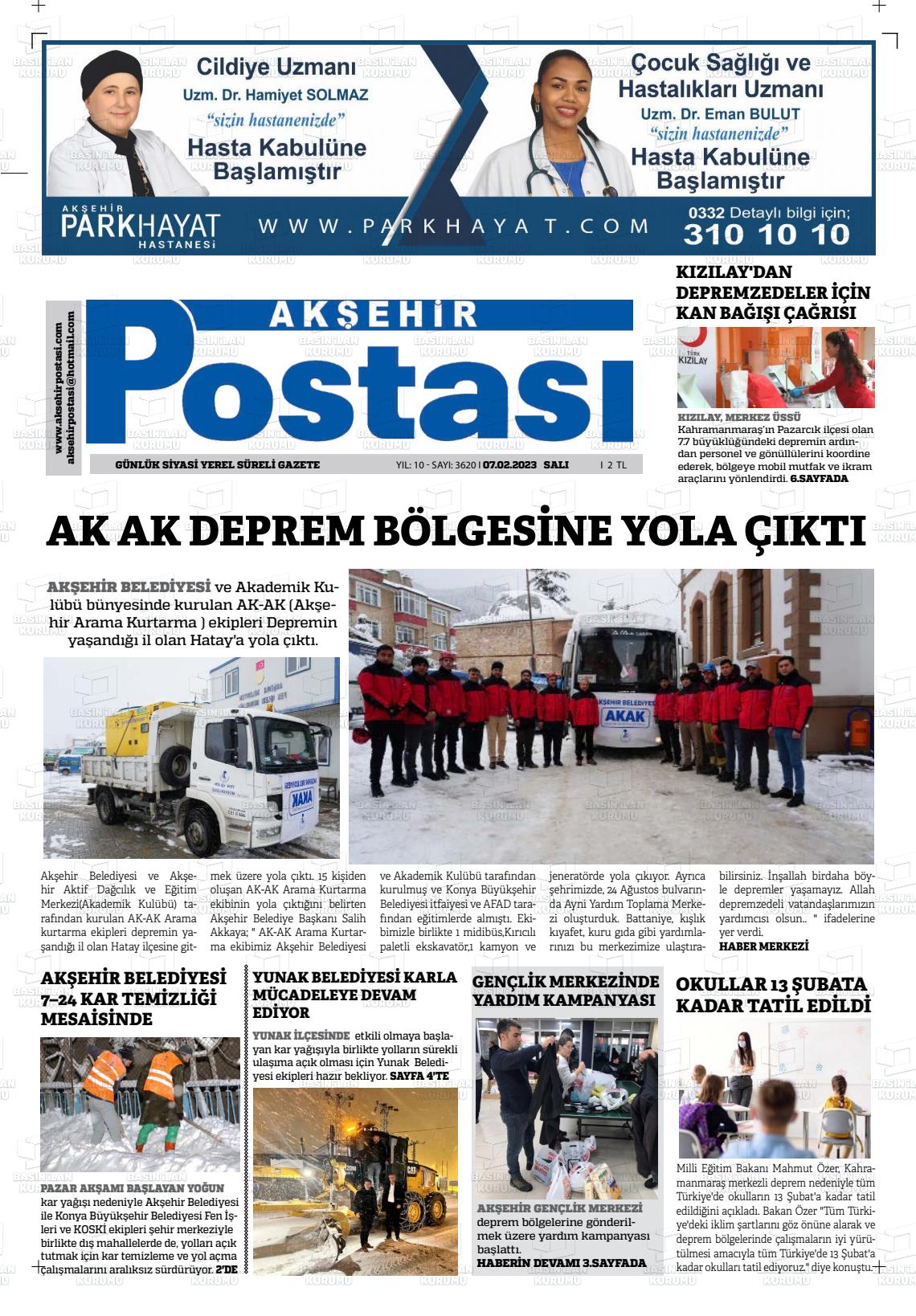 07 Nisan 2023 Akşehir Postasi Gazete Manşeti