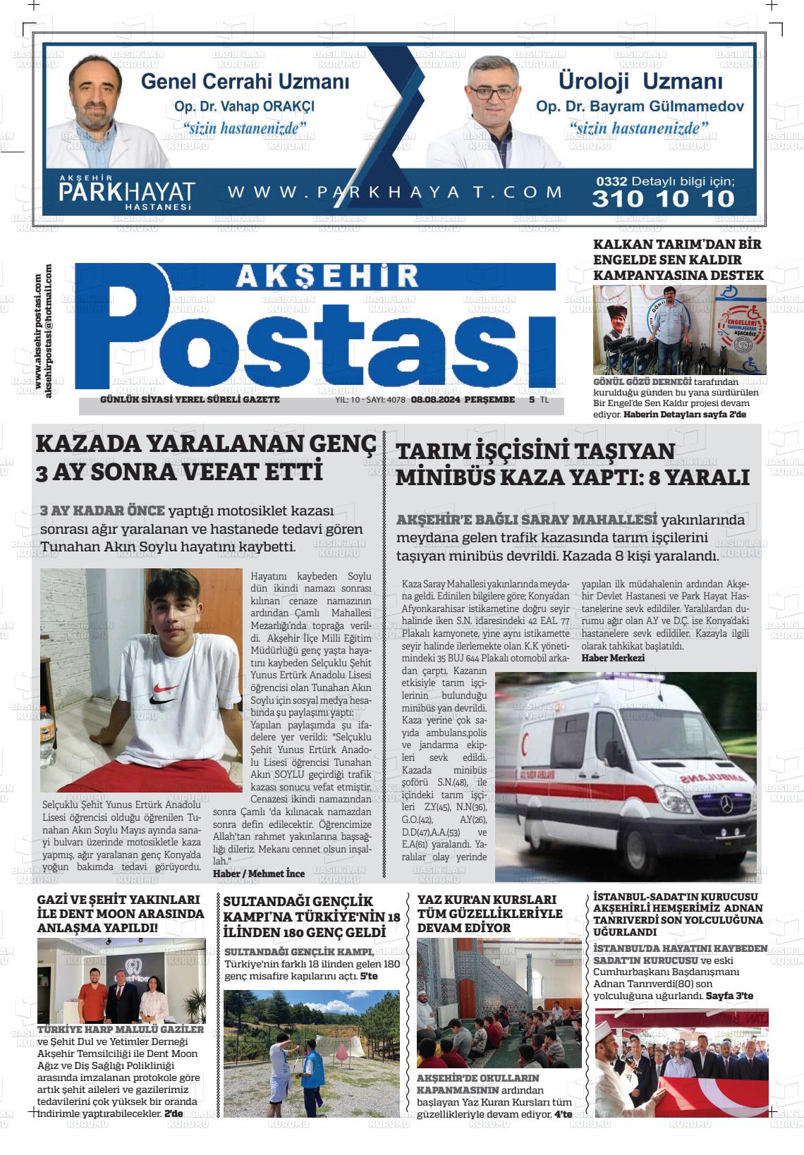 08 Ağustos 2024 Akşehir Postasi Gazete Manşeti