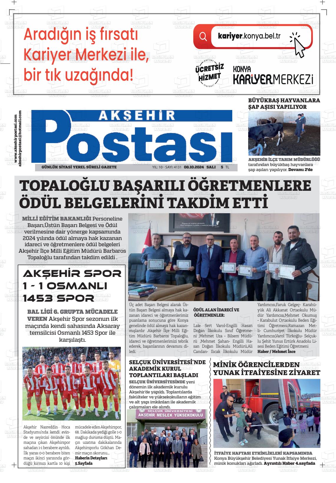 08 Ekim 2024 Akşehir Postasi Gazete Manşeti