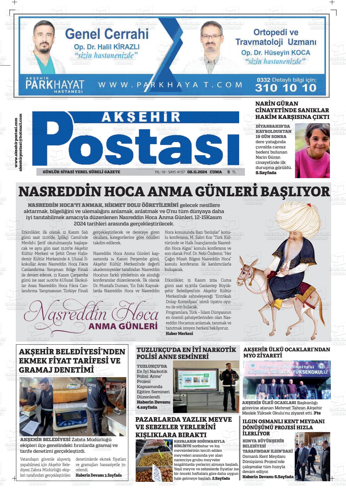 08 Kasım 2024 Akşehir Postasi Gazete Manşeti