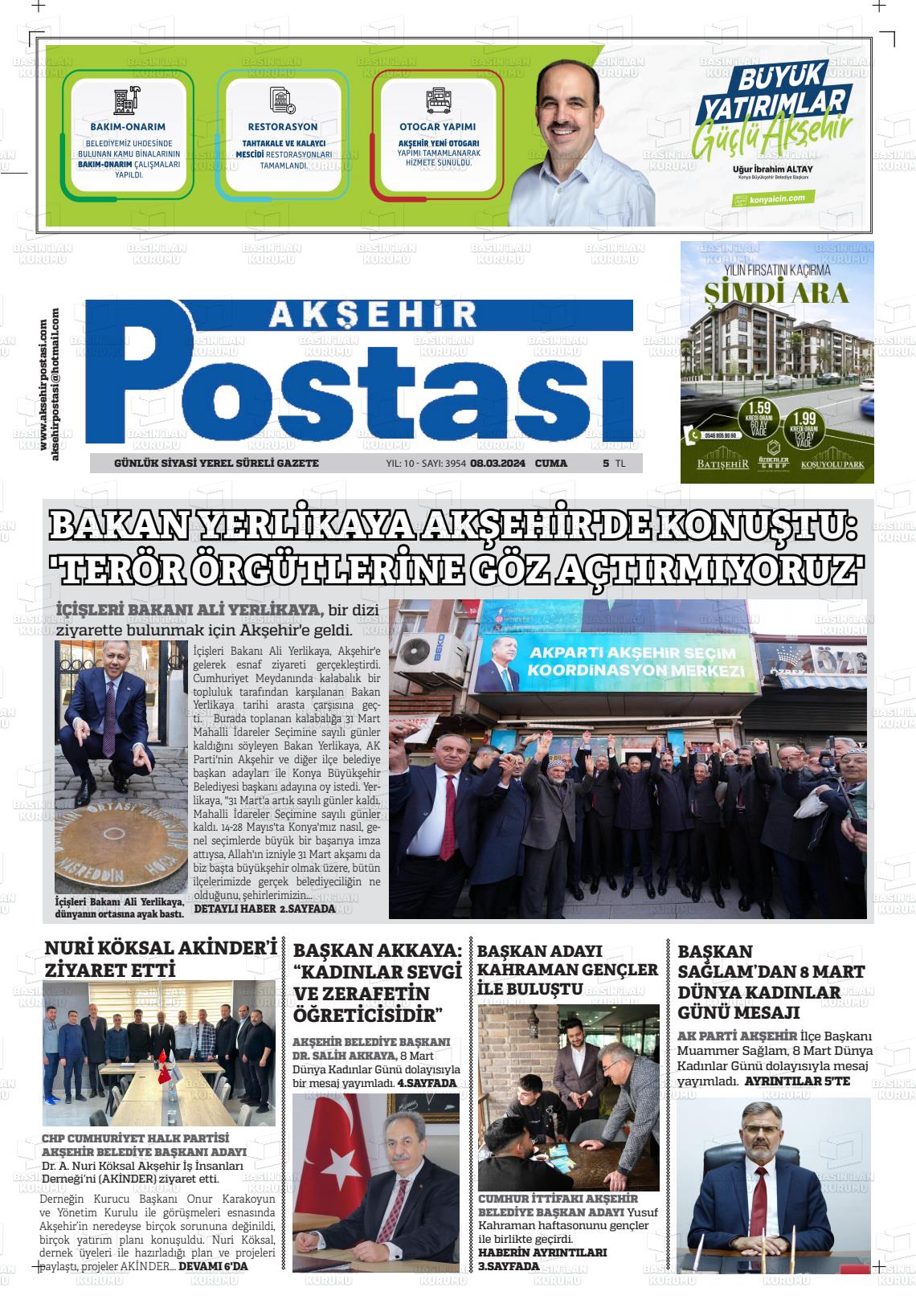 08 Mart 2024 Akşehir Postasi Gazete Manşeti