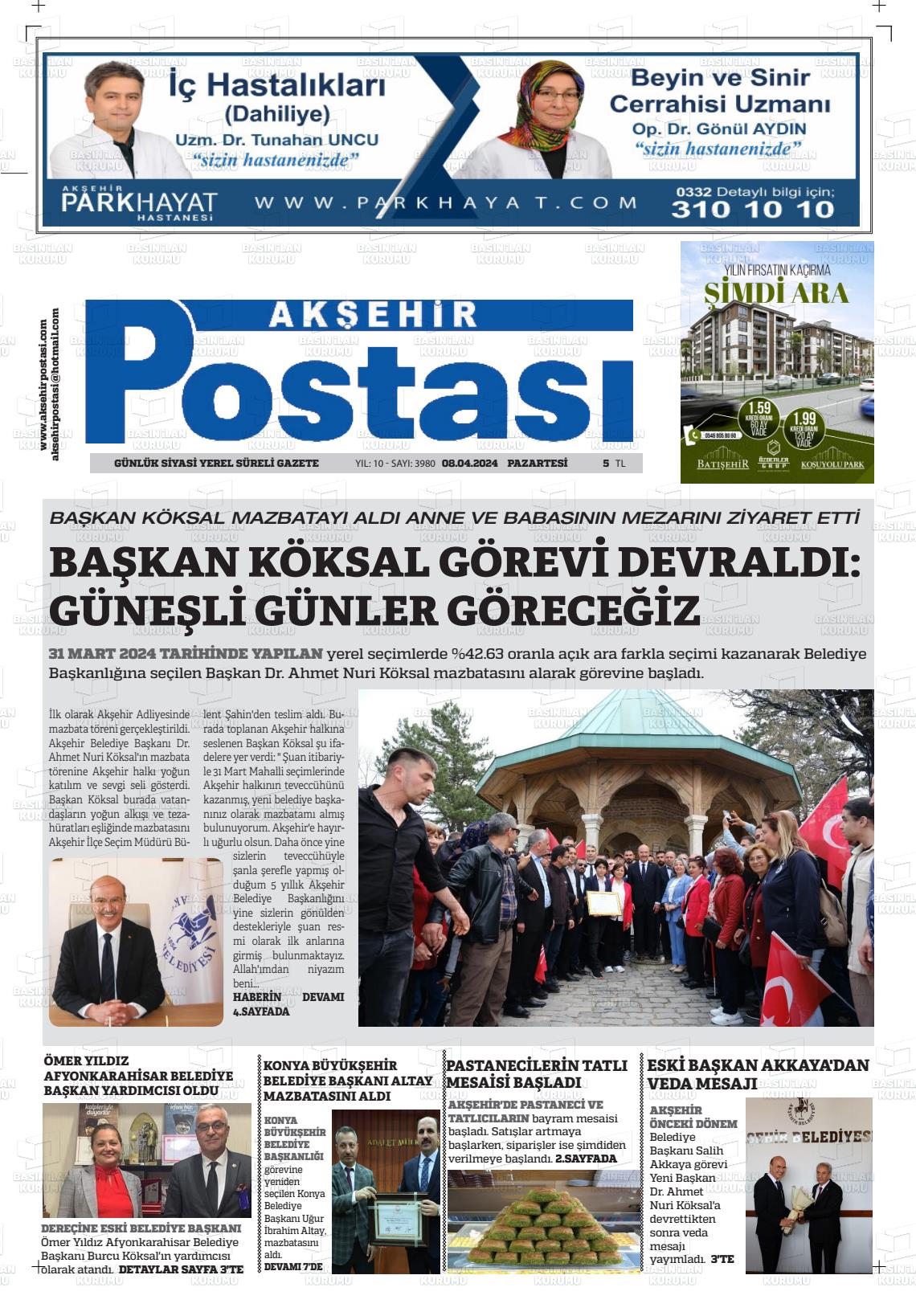 08 Nisan 2024 Akşehir Postasi Gazete Manşeti