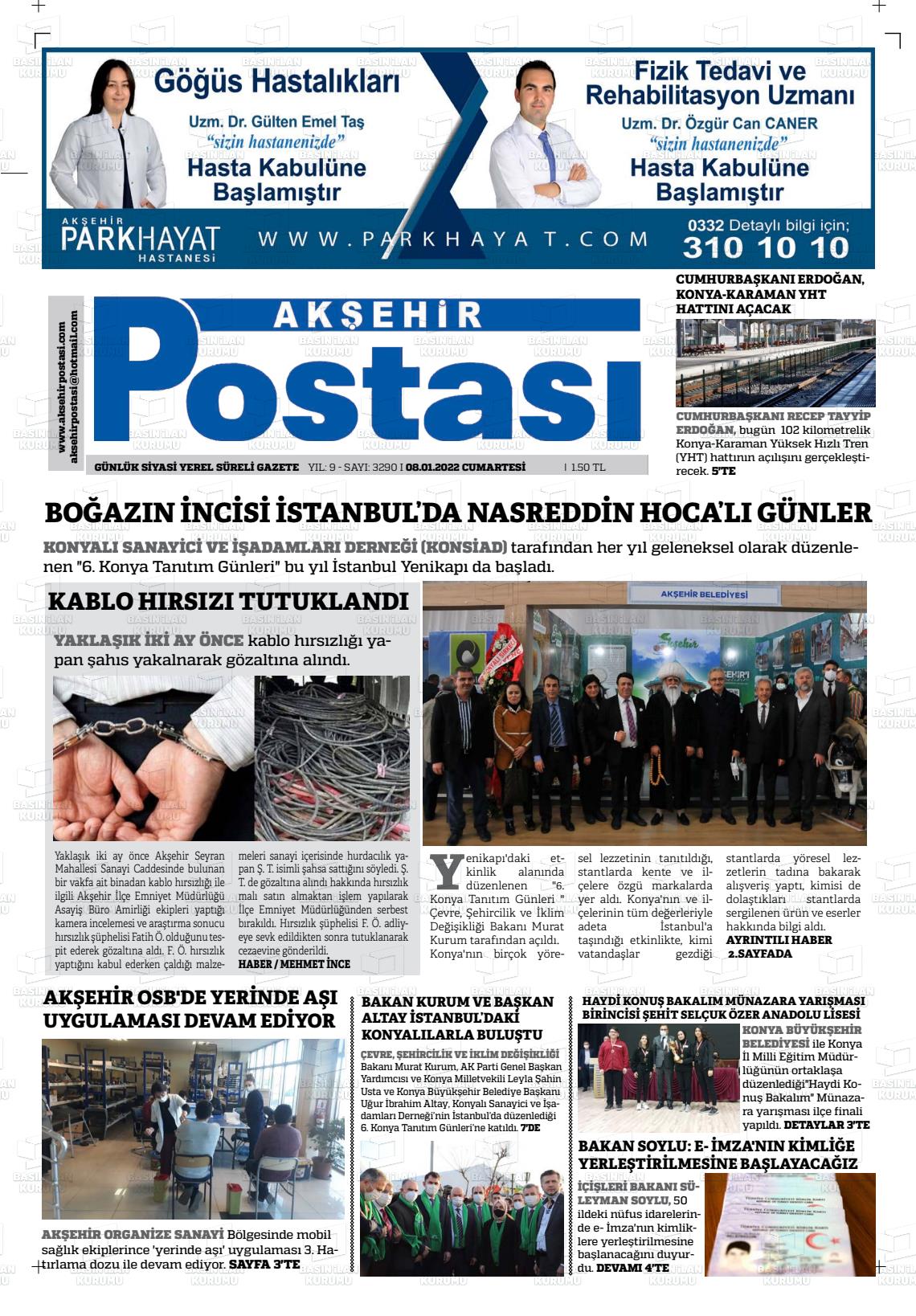 08 Ocak 2022 Akşehir Postasi Gazete Manşeti