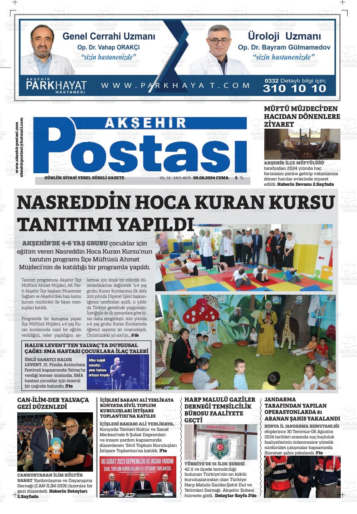 09 Ağustos 2024 Akşehir Postasi Gazete Manşeti