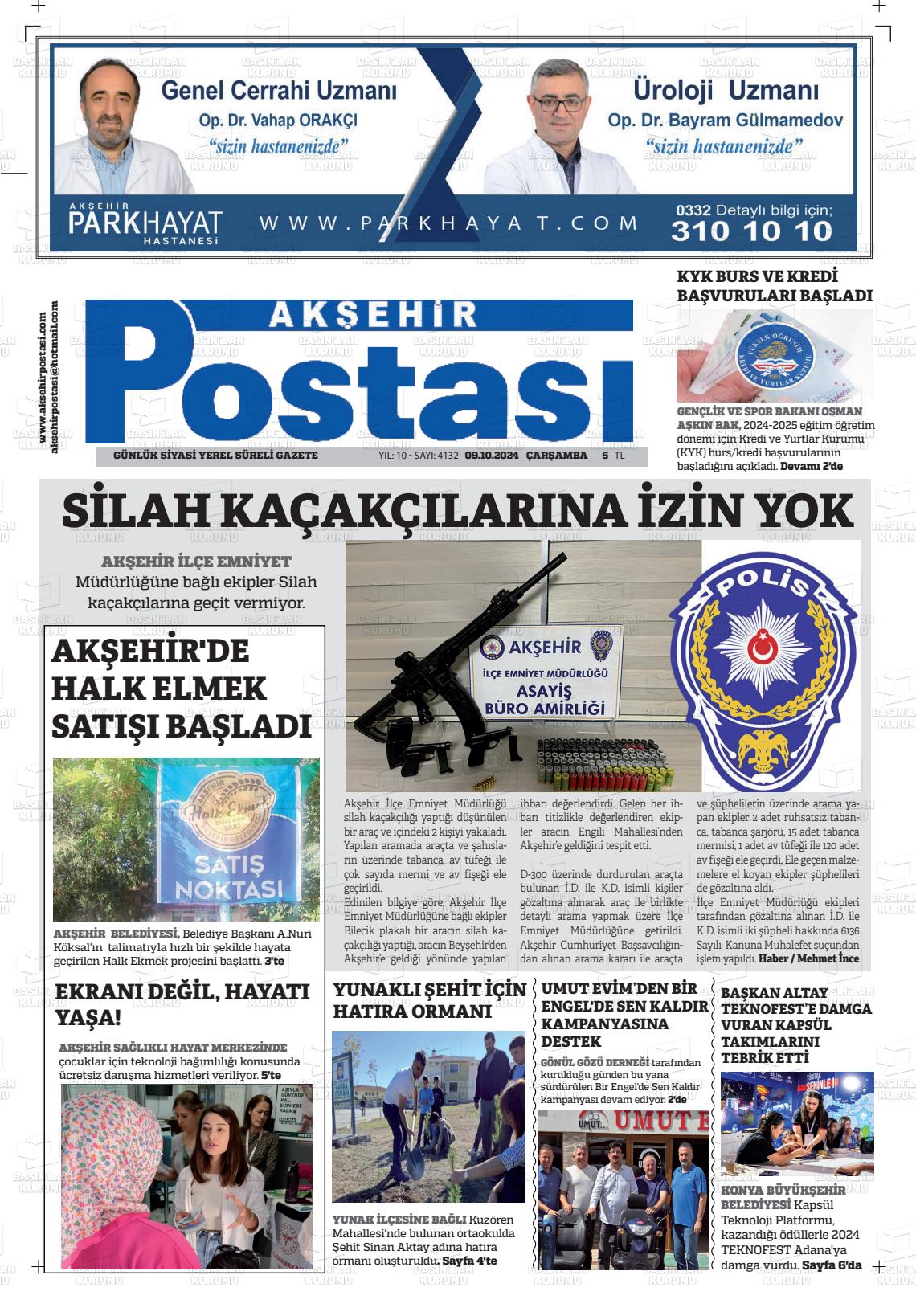 09 Ekim 2024 Akşehir Postasi Gazete Manşeti