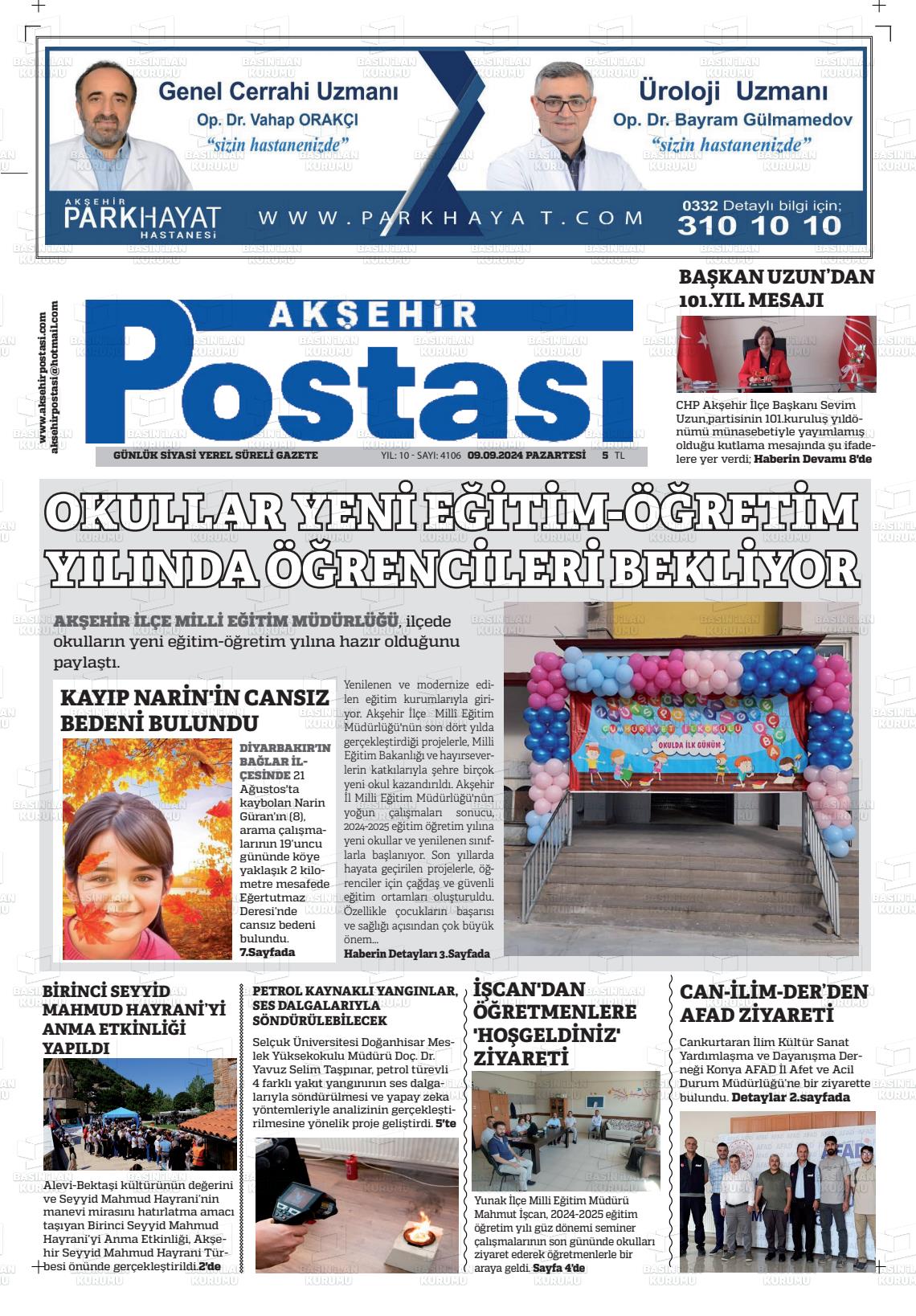 09 Eylül 2024 Akşehir Postasi Gazete Manşeti