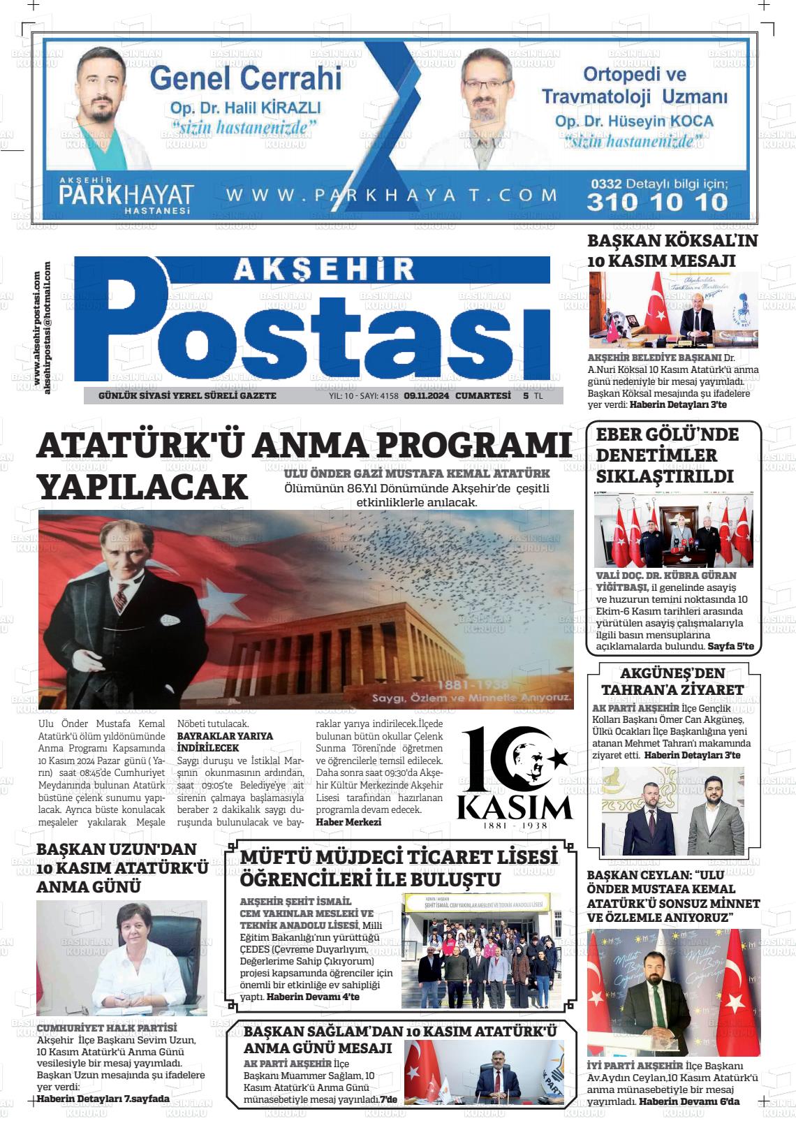 09 Kasım 2024 Akşehir Postasi Gazete Manşeti