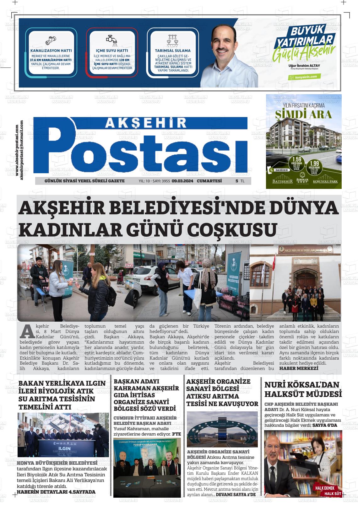 09 Mart 2024 Akşehir Postasi Gazete Manşeti