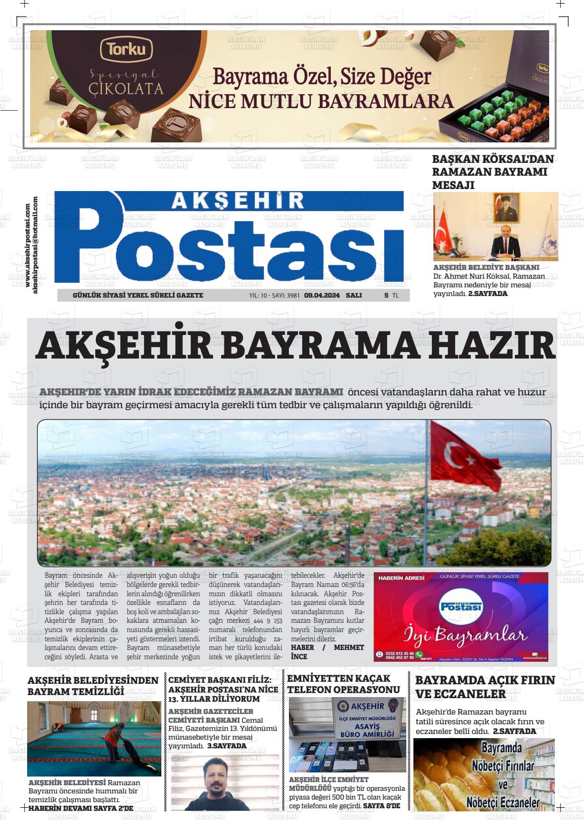 09 Nisan 2024 Akşehir Postasi Gazete Manşeti