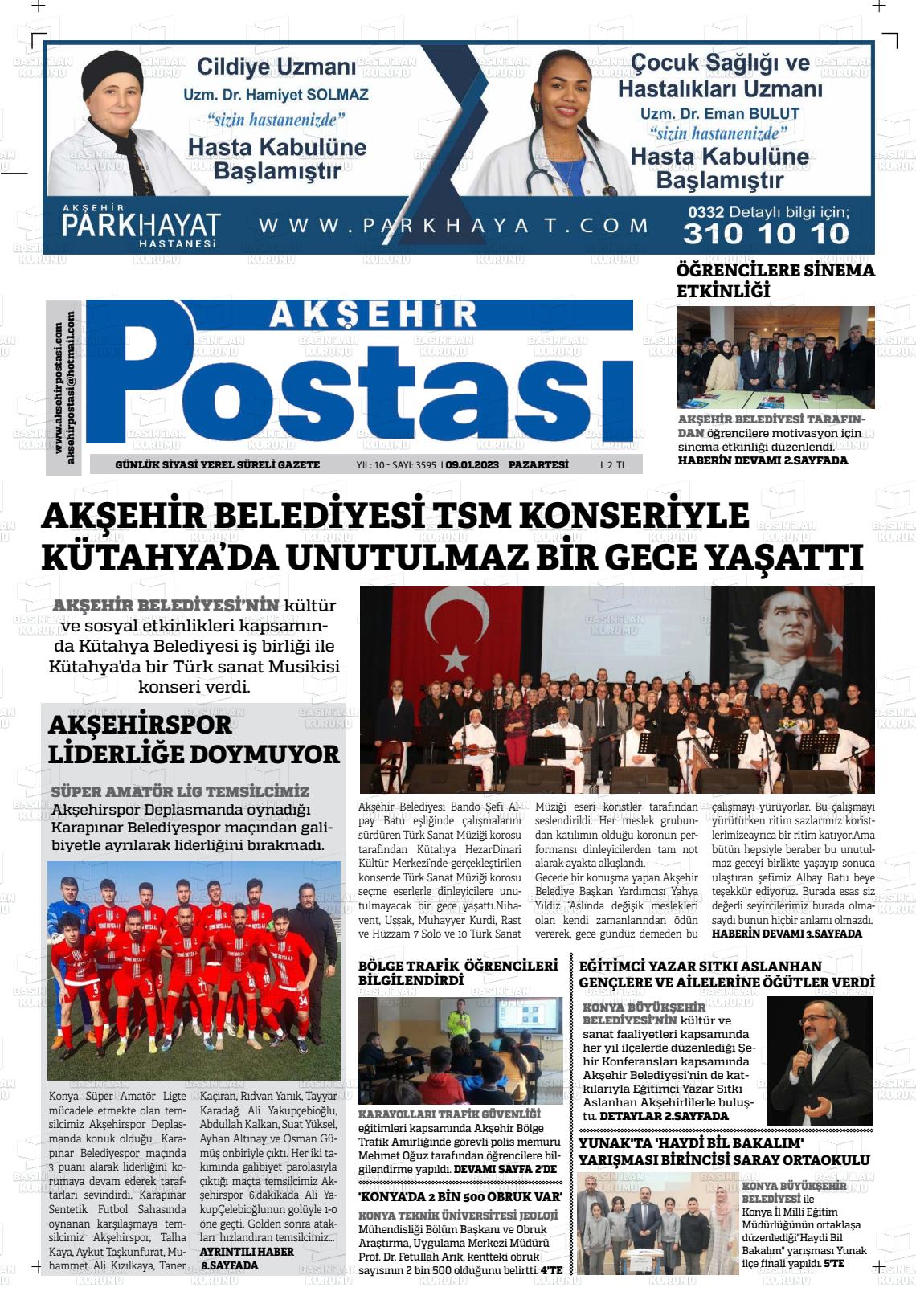 09 Ocak 2023 Akşehir Postasi Gazete Manşeti