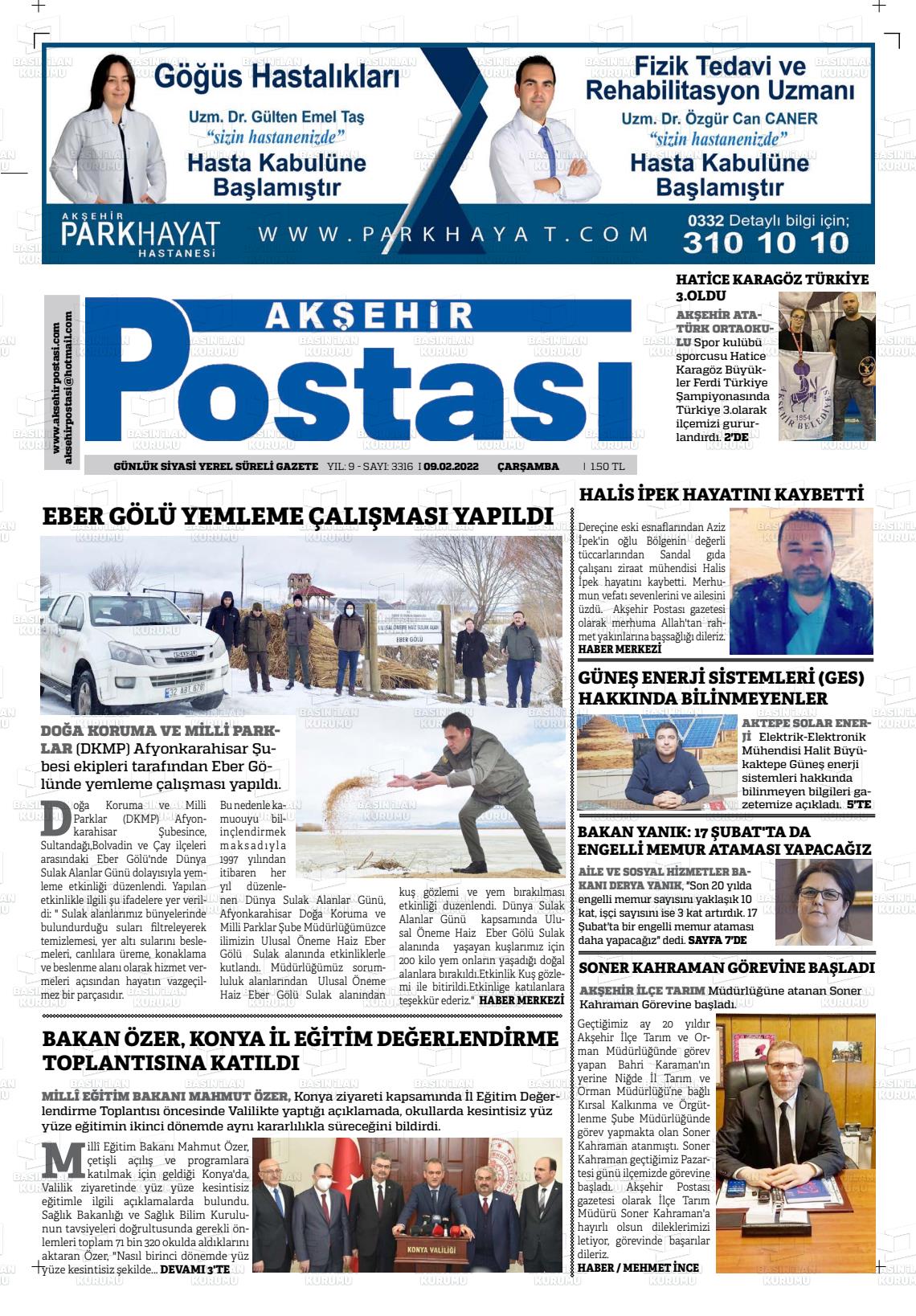 09 Şubat 2022 Akşehir Postasi Gazete Manşeti