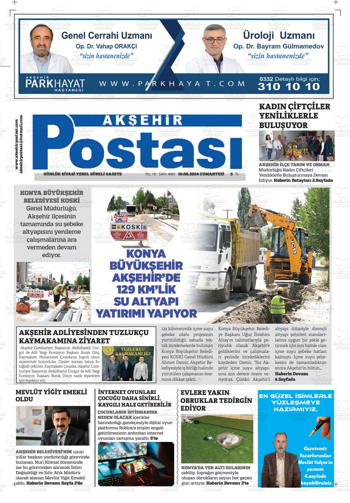 10 Ağustos 2024 Akşehir Postasi Gazete Manşeti