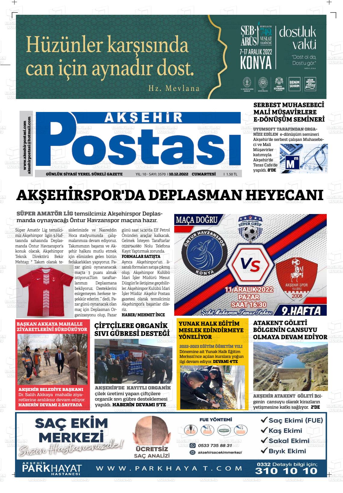 10 Aralık 2022 Akşehir Postasi Gazete Manşeti