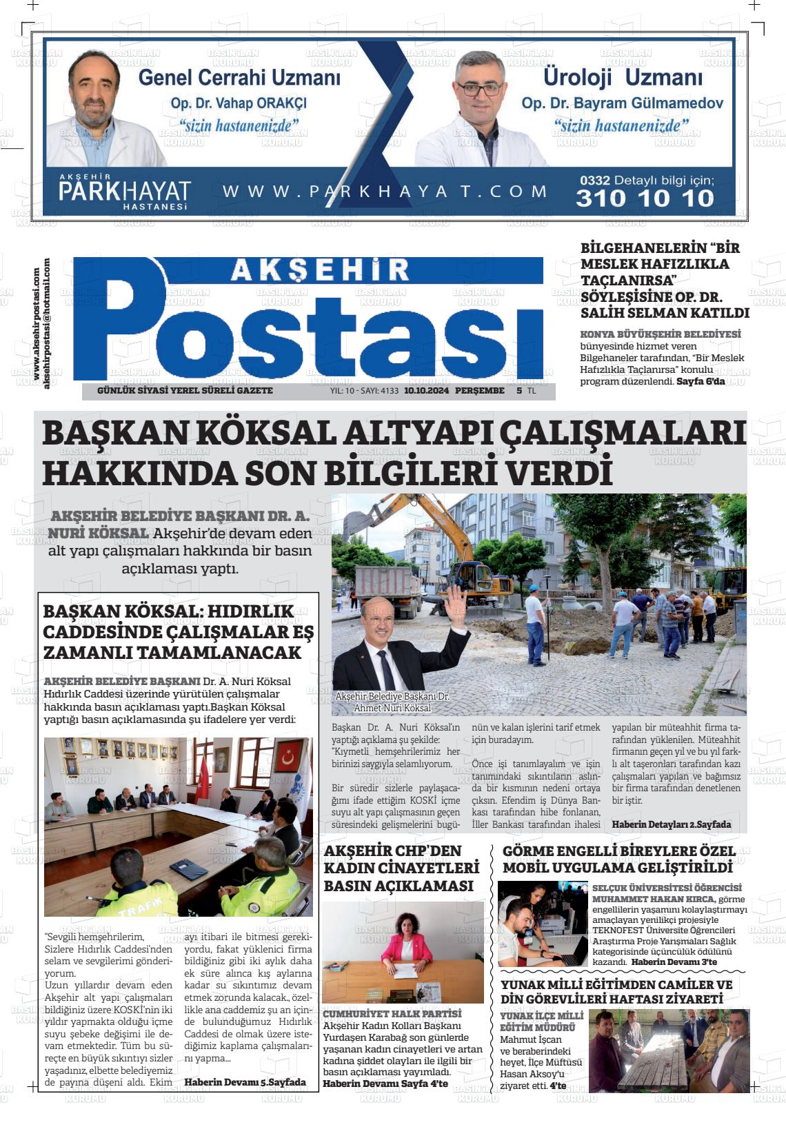 10 Ekim 2024 Akşehir Postasi Gazete Manşeti