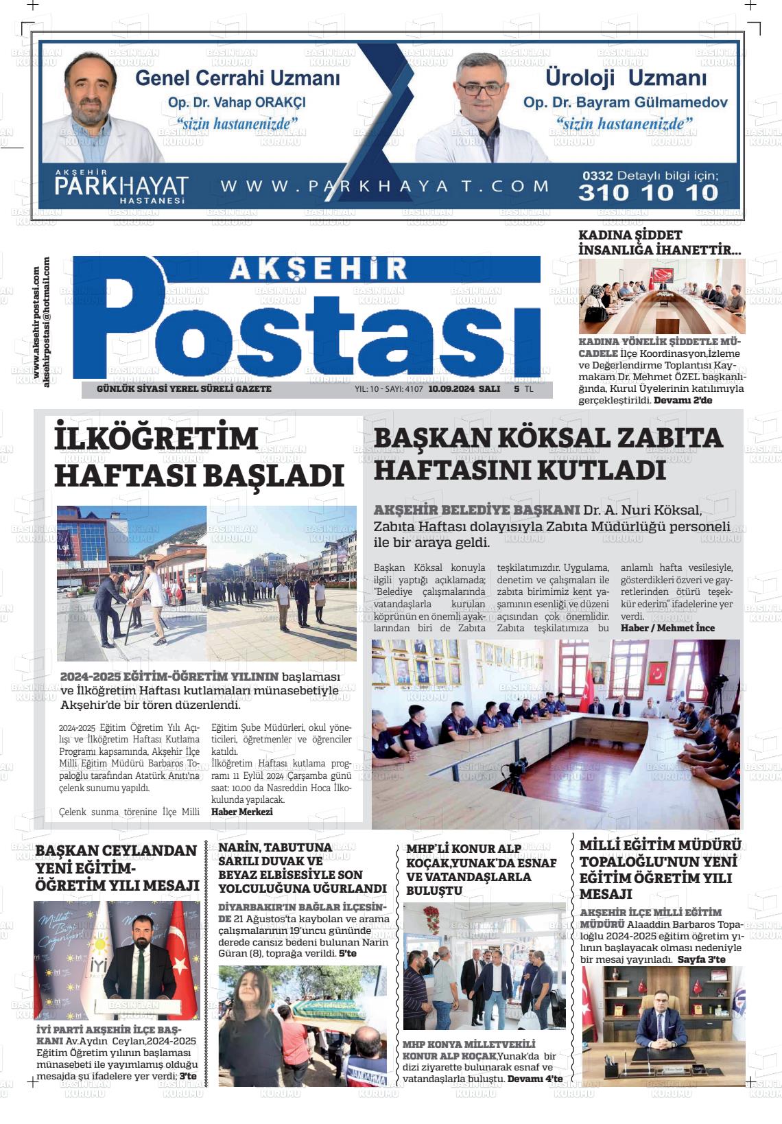 10 Eylül 2024 Akşehir Postasi Gazete Manşeti